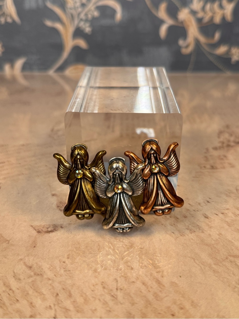 Vintage Angel Trio Brooch Copper Silver Brass Tone Rhinestone Pin B3